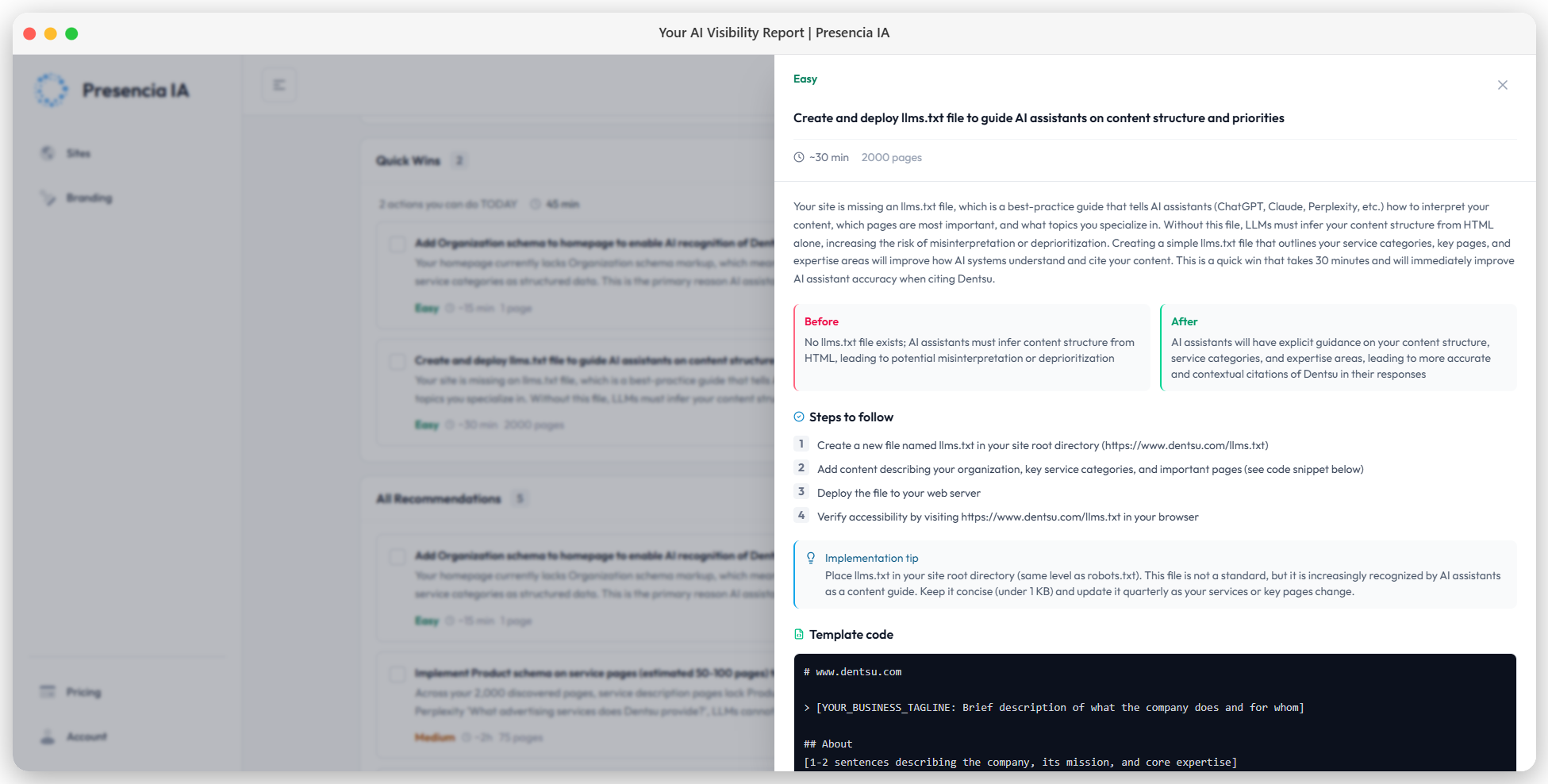 Detalle de recomendación con antes, después y código de implementación